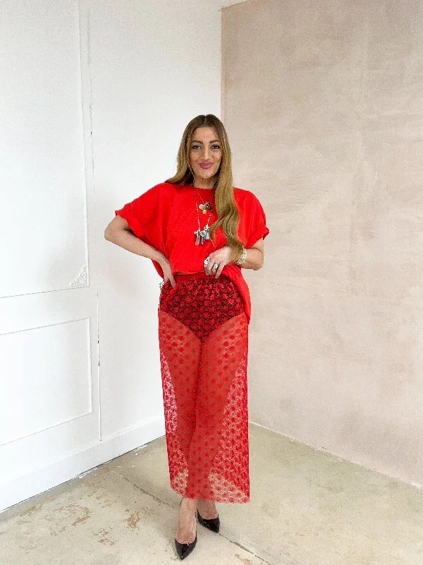 Sheer Lace Midi Skirt In Red asymmetrical skirt cut