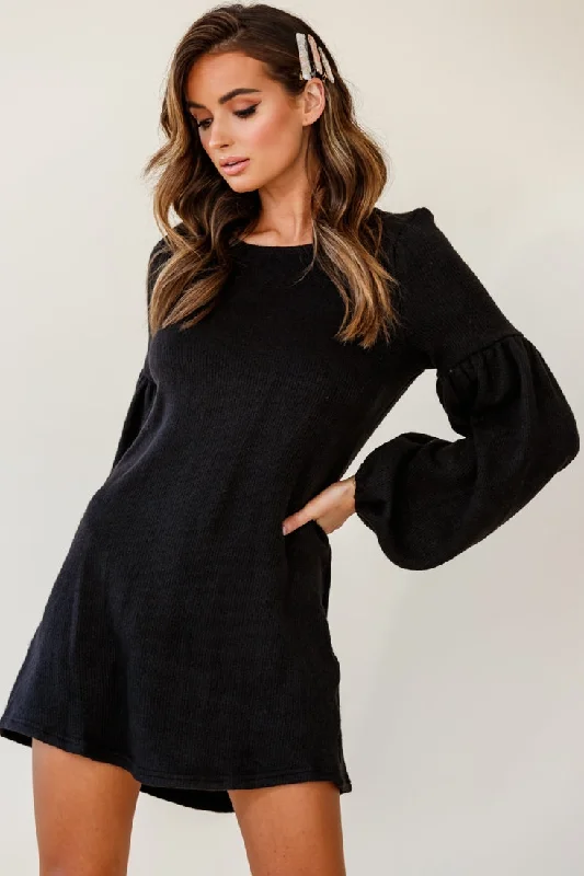 Morais Puff Sleeved Sweater Dress Black Toggled Drawstring Belted
