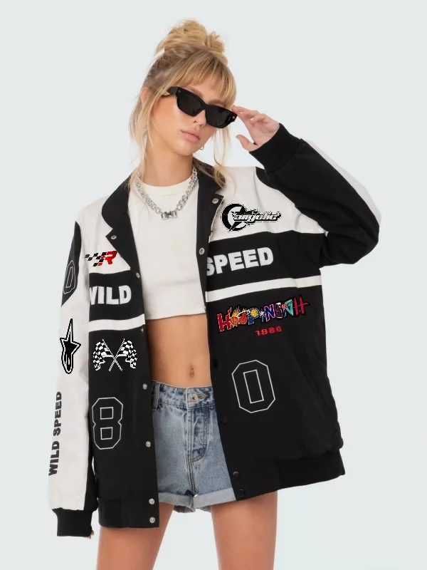 Iconic Biker Racer Printed Jacket For Women Y2K - limited edition Satin Fabric Silk Fabric Chiffon Fabric Iconic Biker Racer Printed Jacket For Women Y2K - limited edition Satin Fabric Silk Fabric Chiffon Fabric