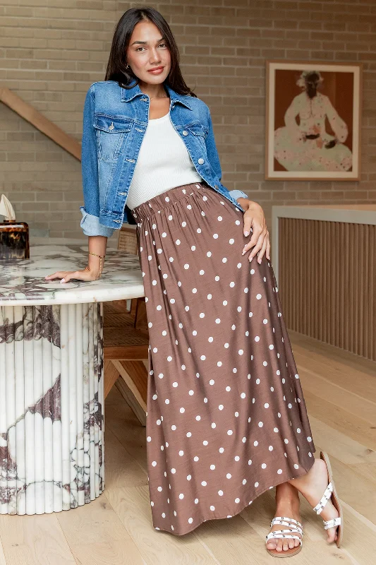 Claudette Maxi Skirt Choc White Spot linen skirt relaxed