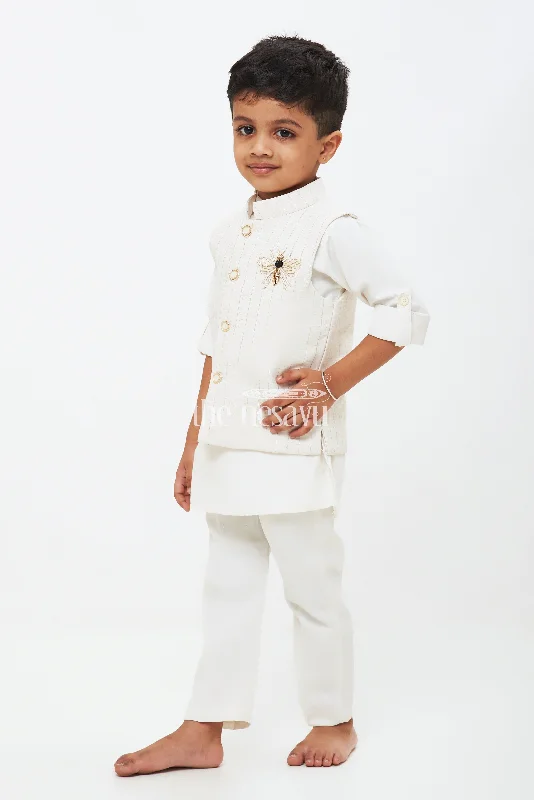 Boys' Designer Kurta Jacket & Pant Set - Silk Blend with Embroidery Welt Pockets Slit Pockets Flap Pockets Boys' Designer Kurta Jacket & Pant Set - Silk Blend with Embroidery Welt Pockets Slit Pockets Flap Pockets