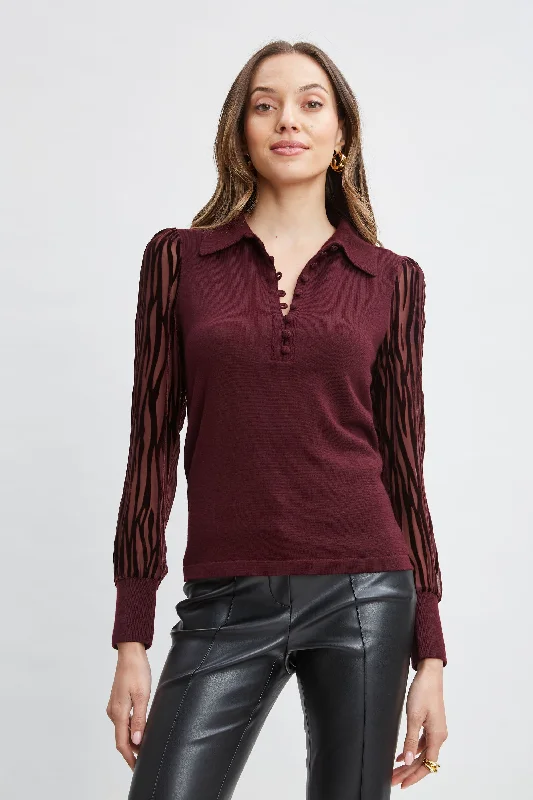 Velvet Burnout Sleeve Polo Sweater Spandex Rayon Corduroy
