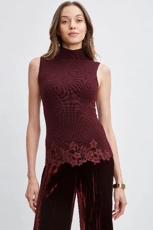 Mock Neck Lace Hem Sleeveless Sweater Plaid Sweater Polka Dot Checkered