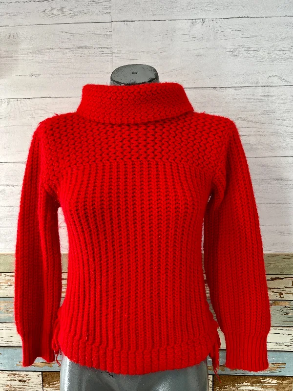 80’s Red Knit Turtleneck Sweater With Sided Knot Strings Nylon Fabric Polyester Fabric Spandex Fabric