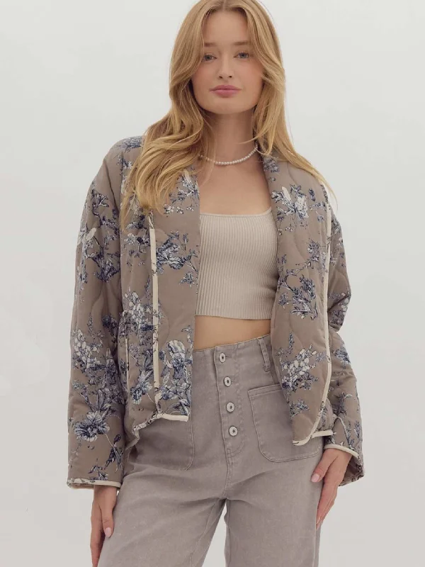 Floral Open Jacket in Mocha and Blue Jersey Jacket Tulle Jacket Batik Jacket