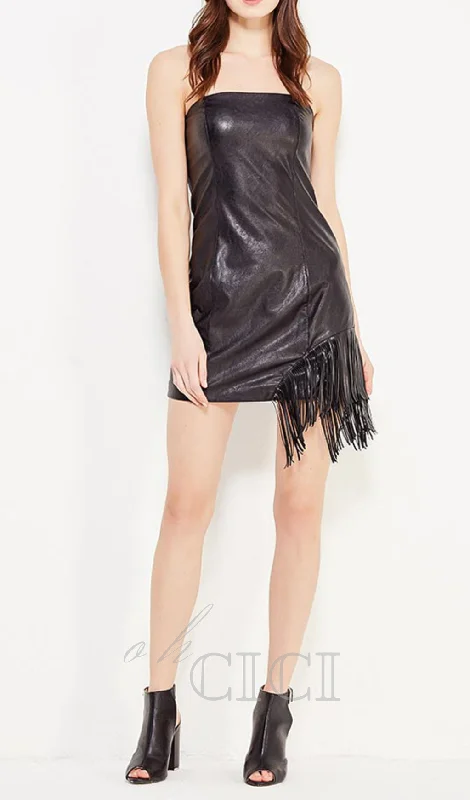 black Asymmetric fringed hem strapless leather skirt relaxed fit skirt