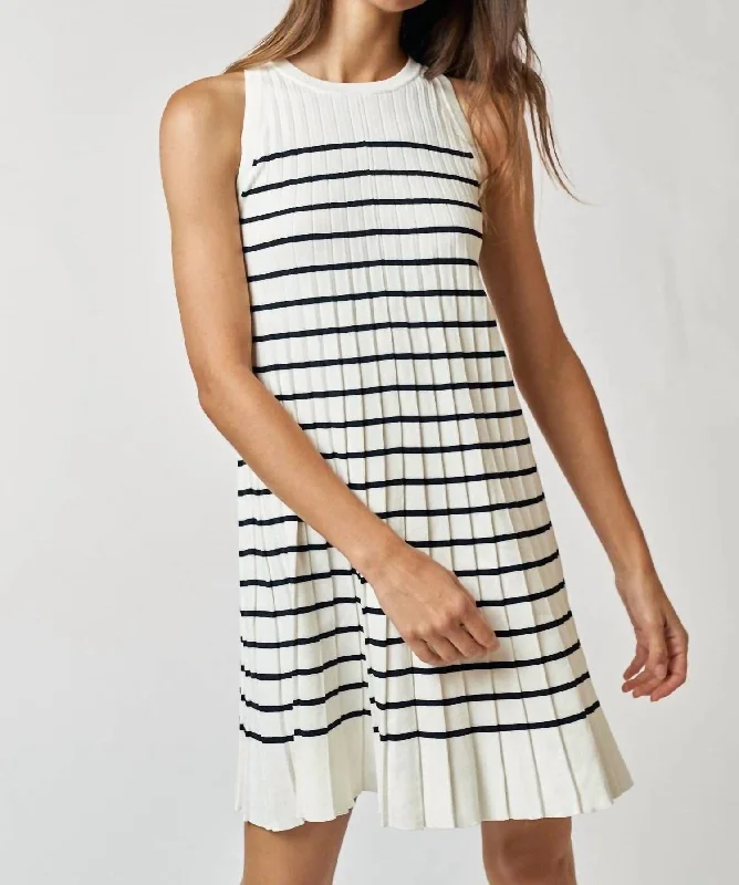 Pleated Sweater Dress In Cream & Black Stripe Terry Terry Cloth Terry Knit
