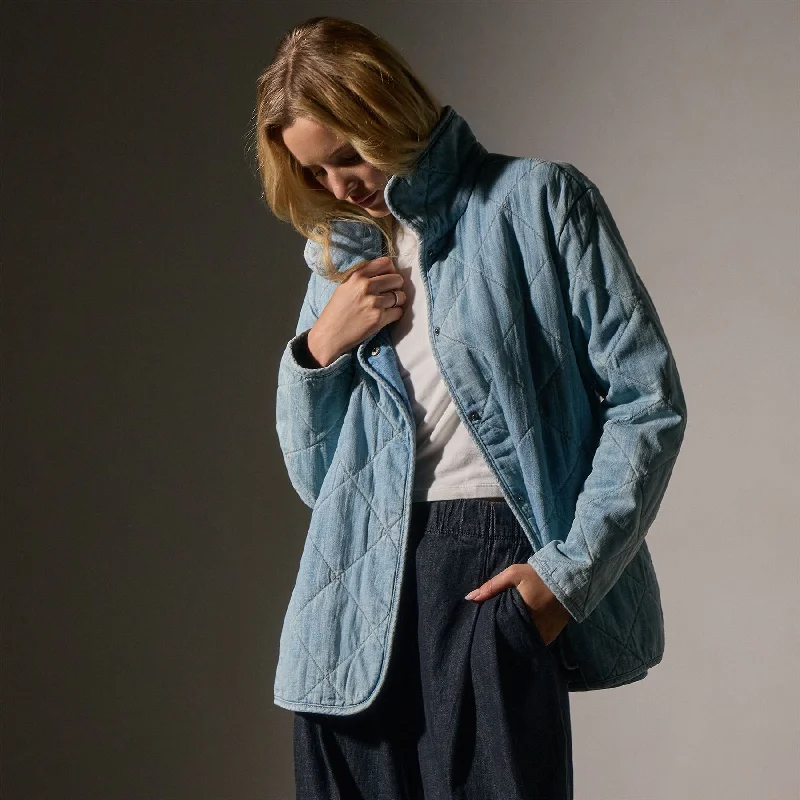 Diamond Quilted Denim Jacket - Bleach Wash Faux Fur Fabric Real Fur Fabric Shearling Fabric