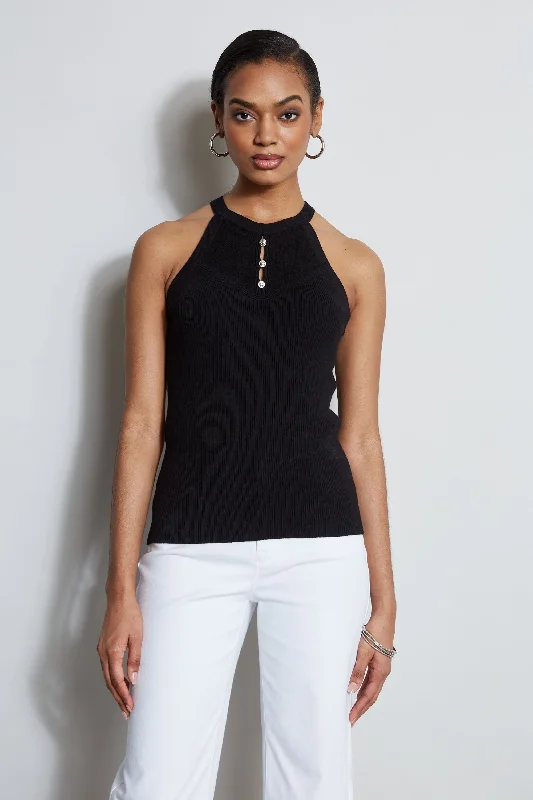 Halter Neck Knit Sweater Herringbone Houndstooth Plaid