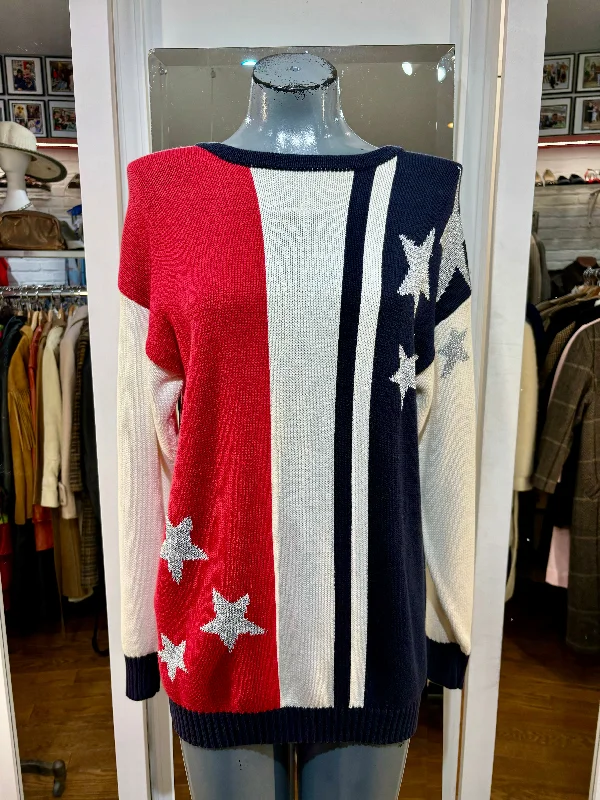 80s EPB Easy by Eleanor Brenner flag inspired sweater Cable Knit Ribbed Knit Lace Knit