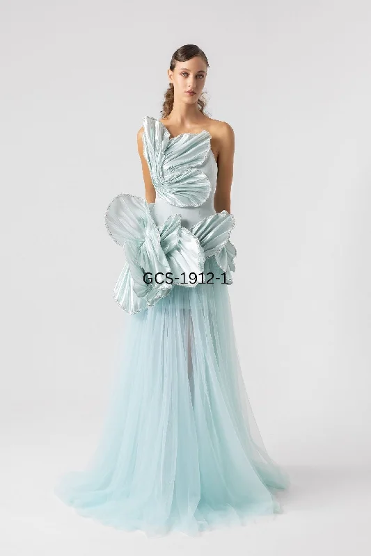 Mint Metallic Gown With Tulle Skirt ruffled skirt detail