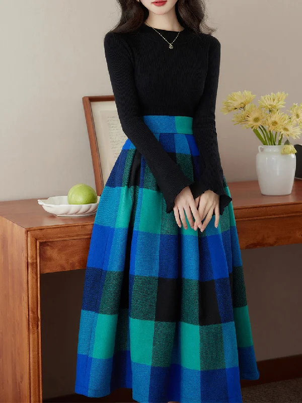2 Piece Black Crew Neck Bell Sleeves Sweater and Blue Plaid Swing Skirt Set denim skirt durable 2 Piece Black Crew Neck Bell Sleeves Sweater and Blue Plaid Swing Skirt Set denim skirt durable