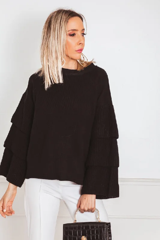 Ruffle Tiered Sleeve Sweater Print Jacquard Patchwork