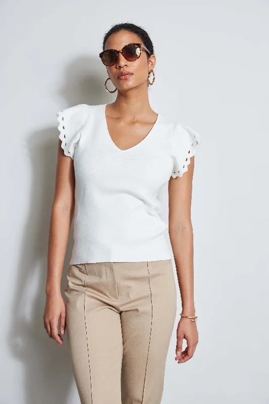 T-Tahari Laser Cut Flutter Sleeve Sweater Tailored Straight A-Line