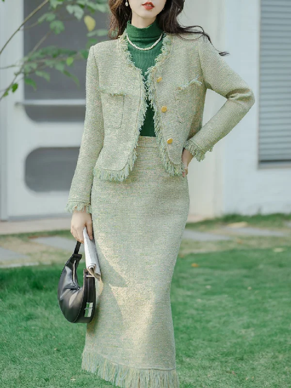 2PS Green Tweed Top And Swing Skirt 1950s Vintage Suit wool skirt thick
