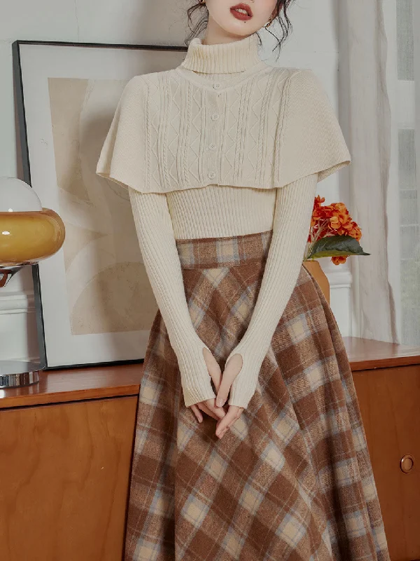 3PS Apricot Sweater Cape And Pleated Plaid Swing Skirt 1950S Vintage Outfits velvet skirt glossy 3PS Apricot Sweater Cape And Pleated Plaid Swing Skirt 1950S Vintage Outfits velvet skirt glossy