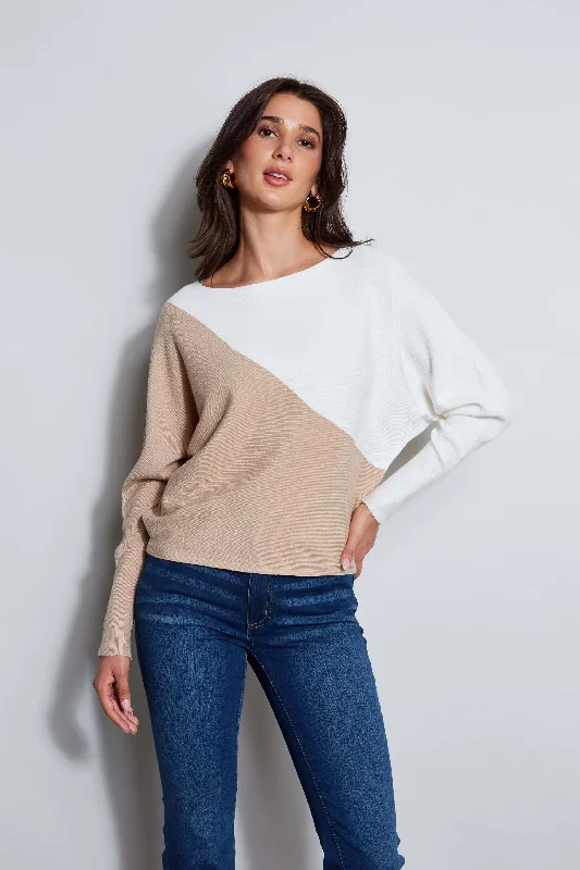 T-Tahari Colorblock Rib Sweater Turtle Neck Boat Neck Asymmetrical Neck