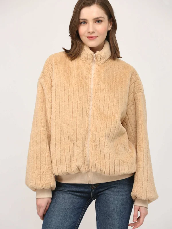 High Neck Stripe Taupe Faux Fur Jacket Rayon Jacket Velvet Jacket Corduroy Jacket