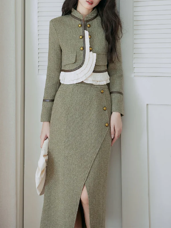 2PS Green Ruffles Top And Slit Gold Distressed Buttons Skirt 1950s Suit lace skirt romantic