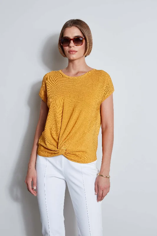 T-Tahari Twist Knot Short Sleeve Sweater Fitted Slim Tailored
