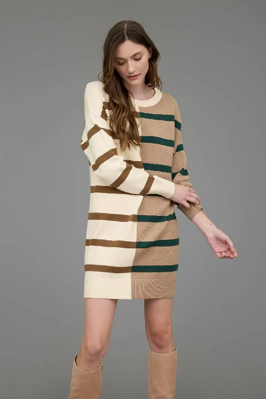 STRIPE COLORBLOCK LONG SLEEVE MINI SWEATER DRESS Herringbone Houndstooth Plaid
