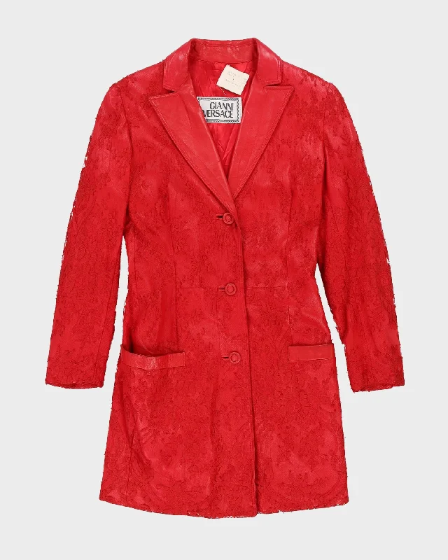 Gianni Versace Red Leather And Lace Jacket - XS / S Denim Jacket Leather Jacket Suede Jacket Gianni Versace Red Leather And Lace Jacket - XS / S Denim Jacket Leather Jacket Suede Jacket