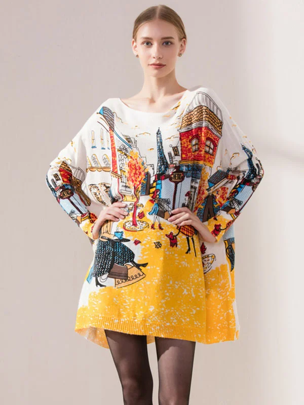 Cinessd Original Loose Cartoon Printed Round-Neck Long Sleeves Sweater Dress Zippered Buttoned Snapped Cinessd Original Loose Cartoon Printed Round-Neck Long Sleeves Sweater Dress Zippered Buttoned Snapped