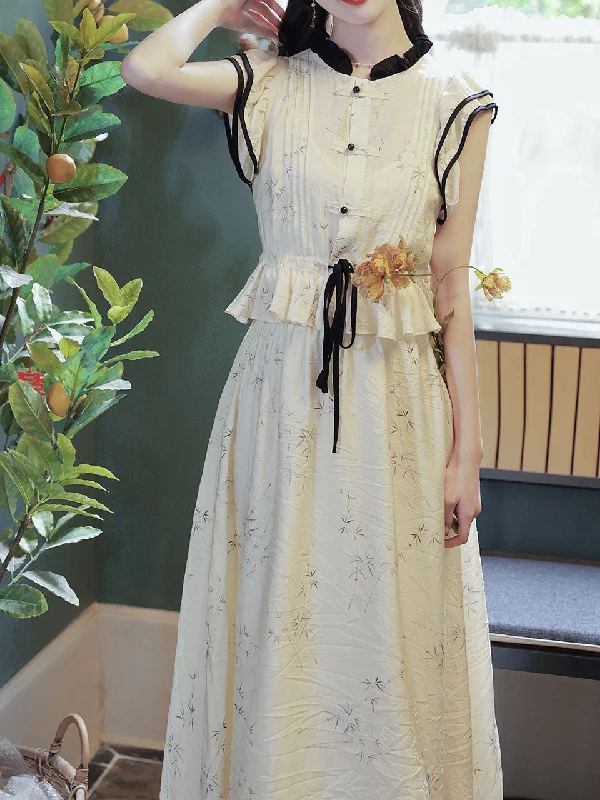 2PS Apricot Butterfly Sleeves Contrast Ruffled Lace-up Top With Skirt Vintage 1950S Suit leather skirt sleek