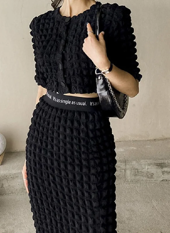 Summer Ladies 2 Pieces Skirt Set Short Sleeve Single-breasted Tops & High Waist denim skirt classic