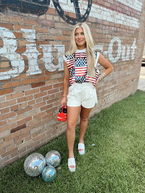 Queen of Sparkles Full Sequin Stars & Stripes Sweater Vest Front Pockets Side Pockets Patch Pockets Queen of Sparkles Full Sequin Stars & Stripes Sweater Vest Front Pockets Side Pockets Patch Pockets