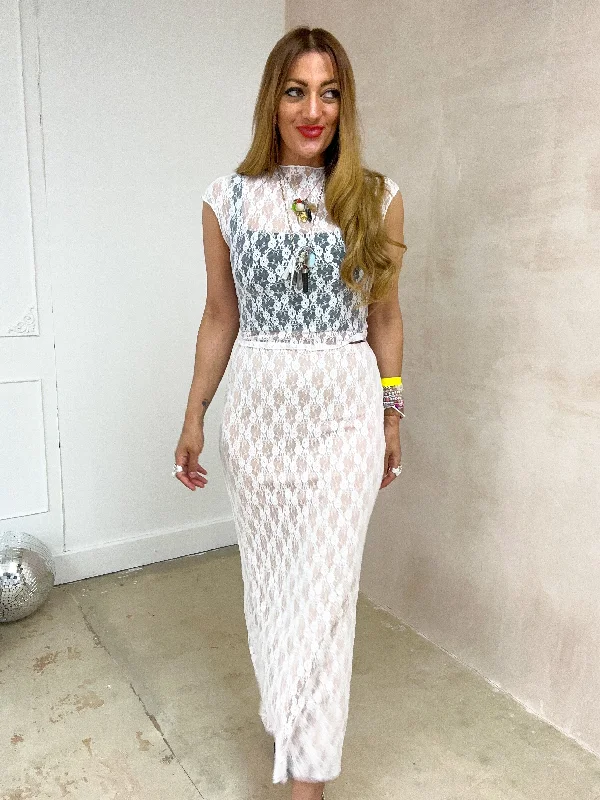 Lace Midi Skirt In White corduroy skirt textured