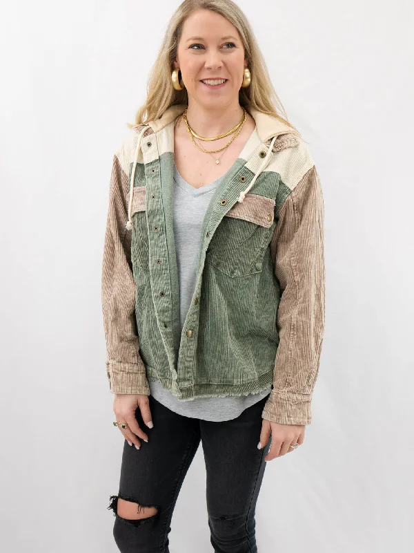 Corduroy Color Block Hooded Jacket Toggled Jacket Drawstring Jacket Belted Jacket