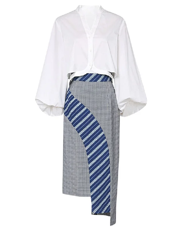 2PS White 1950S Vintage V Neck Classic Top And Blue Irregular Skirt Suit leather skirt bold