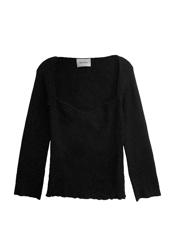 Portrait Neckline Contour Rib Knit Sweater Top- Black Real Fur Shearling Chenille