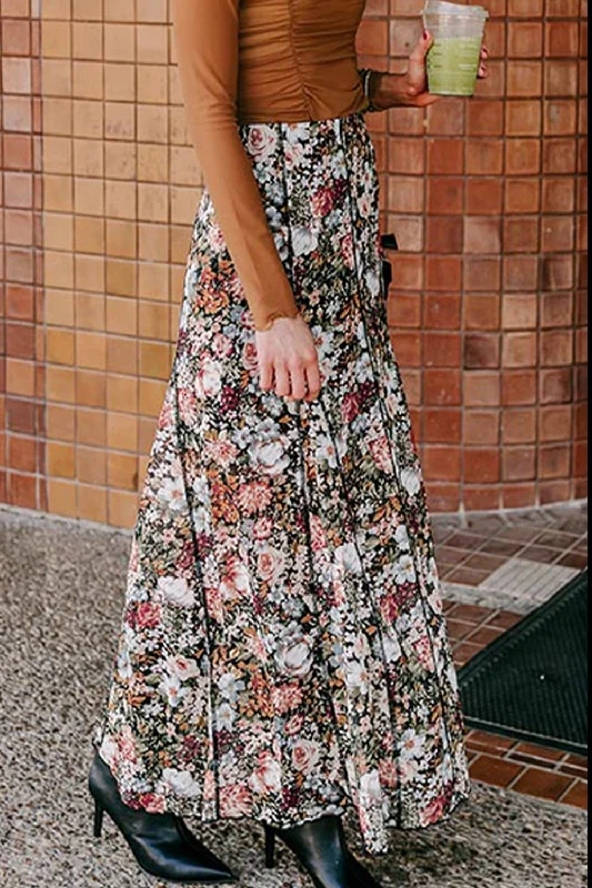 Hazel Blues® |  Floral Elastic Waist Maxi Skirt button skirt front