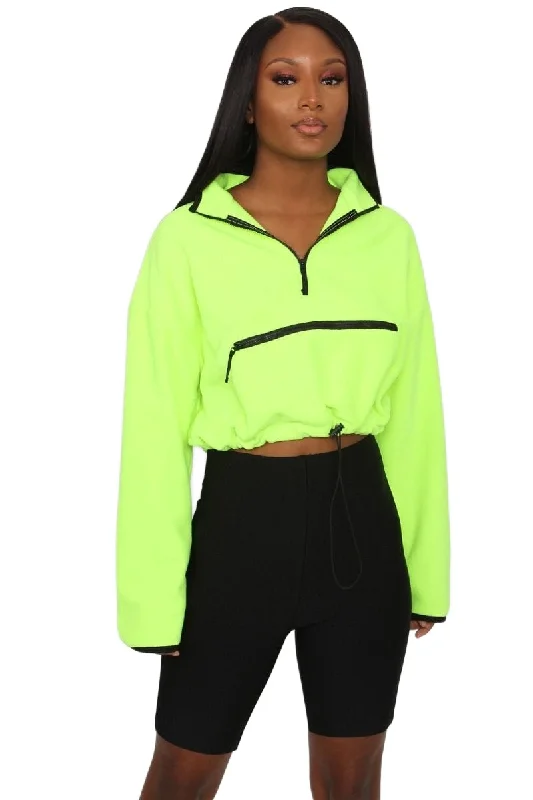 TIC TOC - Neon - Crop Fleece Half Zip Sweater Denim Fabric Leather Fabric Suede Fabric