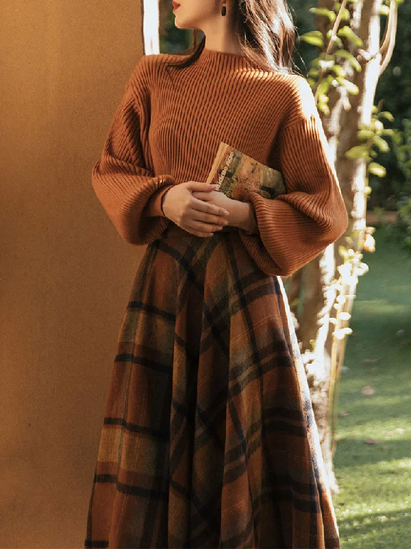 2PS Brown Sweater And Plaid Swing Skirt 1950S Vintage Audrey Hepburn's Style Outfits linen skirt natural