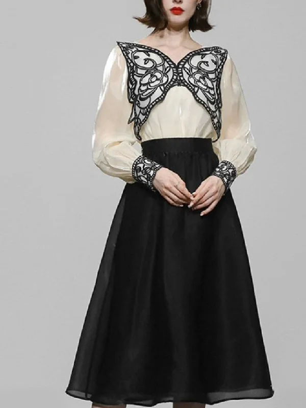 2PS White Butterfly Long Sleeve Top And Black Swing Skirt Suit linen skirt breathable