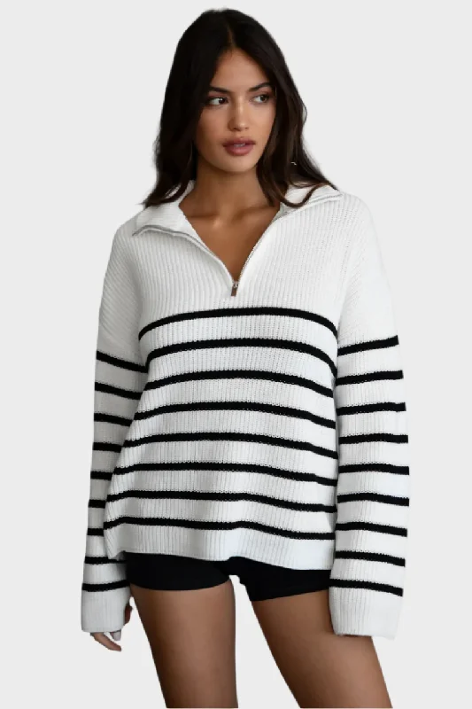 TIC TOC - "MAUREEN" Oversized Striped Zip Sweater Lightweight Heavyweight Midweight