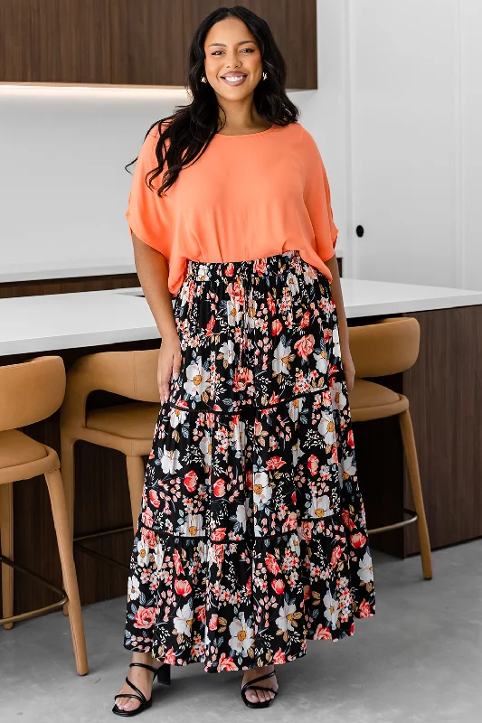 Final Sale | Sloan Maxi Skirt Rosetta Print Black chiffon skirt airy