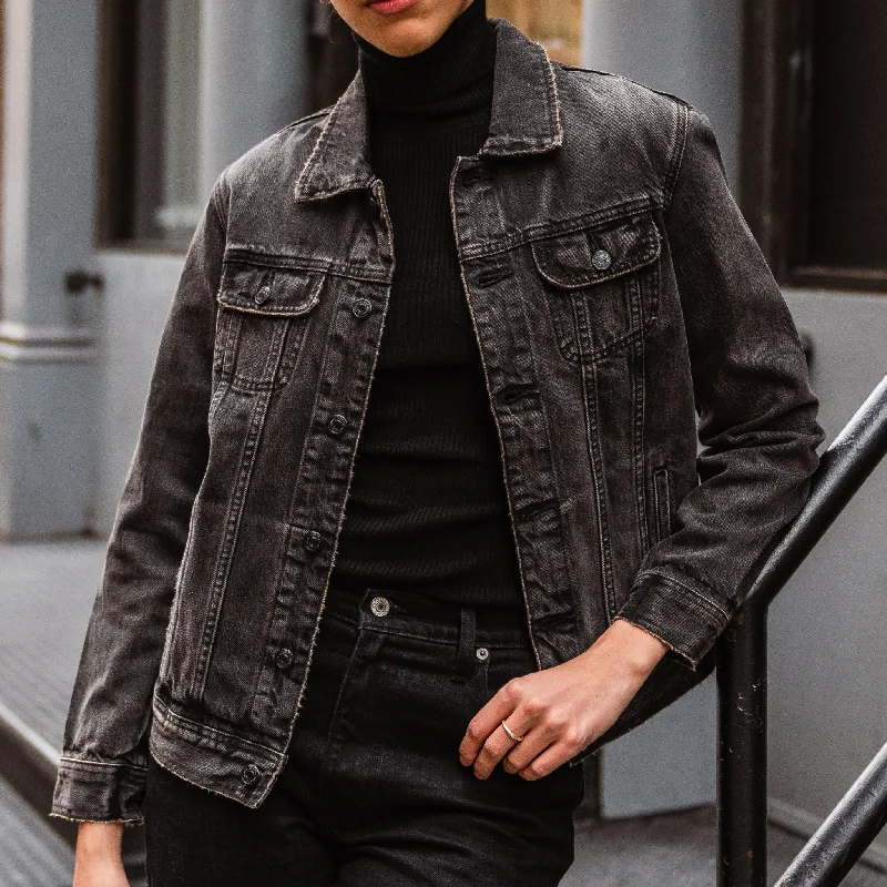 Denim Trucker Jacket | Faded Black Ribbed Jacket Pleated Jacket Ruffled Jacket