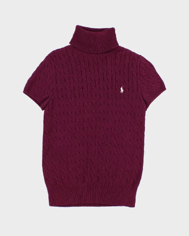 Vintage Women's Purple Ralph Lauren Sleeveless Knit Roll neck Sweater - L Ribbed Striped Patterned