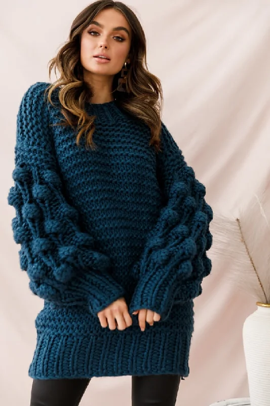 Moscow Chunky Knit Oversized Sweater Teal Striped Floral Plaid