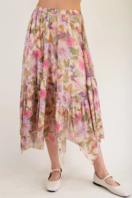 Easel Floral Printed Mesh Ballerina Skirt chiffon skirt airy