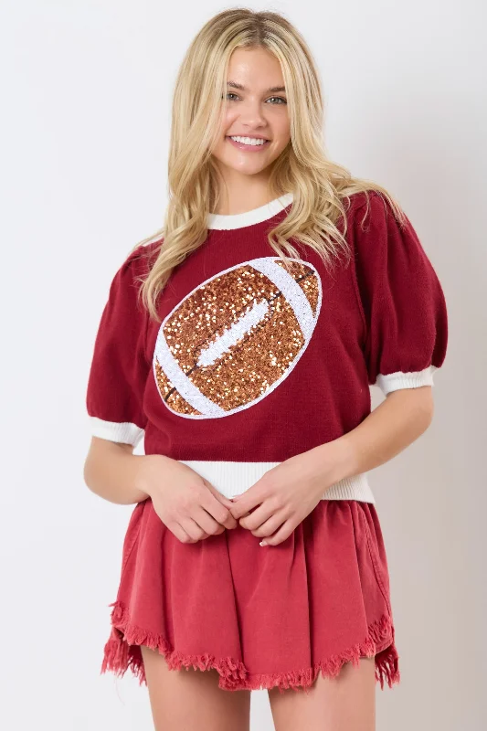 PE Sequin Football Puff Sleeve Sweater Top Stretchy Elastic Breathable