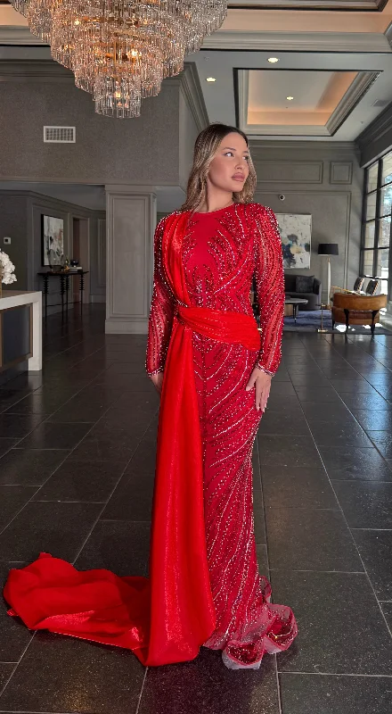 Ruba Sequin Modest Neckline with Long Side Organ Side Skirt low waist skirt