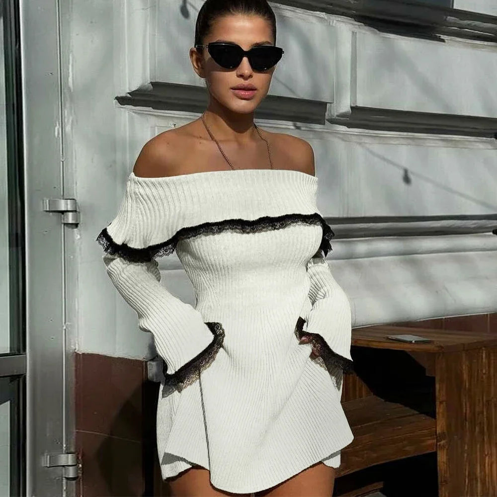 Cinessd Christmas Gift Outfit Autumn Off The Shoulder Sweater Dress 2024 Elegant Long Sleeve Knitted Dress Sexy Causal Warm White Dress Women Solid Print Embellished Cinessd Christmas Gift Outfit Autumn Off The Shoulder Sweater Dress 2024 Elegant Long Sleeve Knitted Dress Sexy Causal Warm White Dress Women Solid Print Embellished