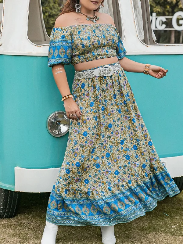 Plus Size Smocked Off Shoulder Top and Skirt Set denim skirt casual