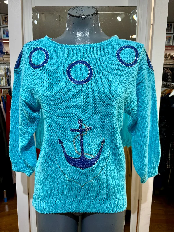 90s Nautical Knit Sweater With Denim Details patch Ribbed Striped Patterned