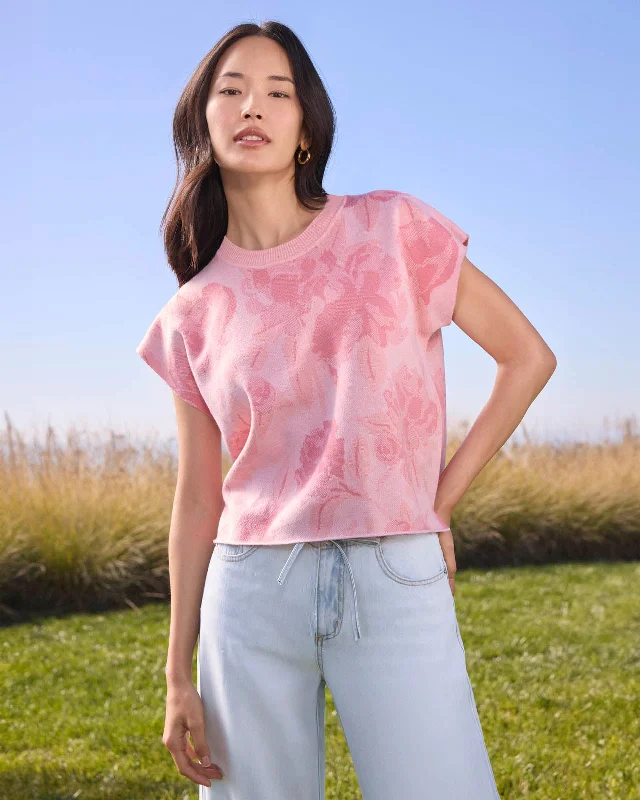 Flora Floral Short Sleeve Sweater Zippered Front Buttoned Front Snap Front